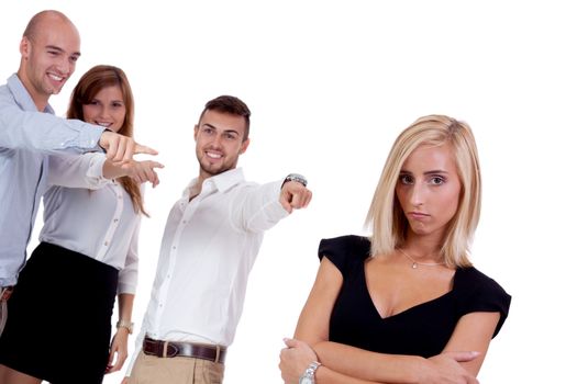 young businesswoman bullying mobbing by team isolated on white portrait