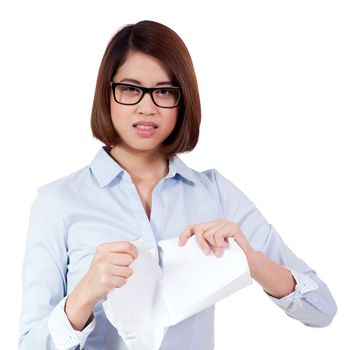 young frustrated asian business woman with paperwork crumpled isolated