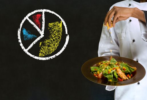 African American chef holding salad platter with chalk pie chart on blackboard background