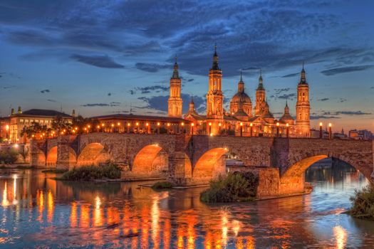 Basilica Del Pilar in Zaragoza in night illumination, Spain