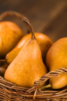 Ripe Bosc pears in Basket (Selective Focus, Focus on the front of the pear on the left)