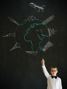Boy dressed up as business man with chalk globe and world wonders on blackboard background