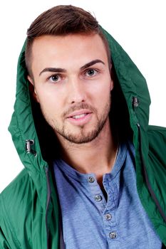 young adult man with green jacket portrait isolated on white