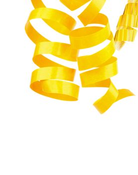 Three Yellow Hanging Curly Party Streamers isolated on white background