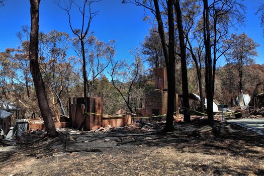 Houses caught up in bushfires have been razed to the ground, while others were spared.