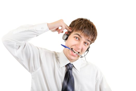 Troubled Teenager with Headset Isolated on the White Background