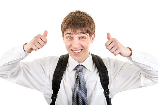 Happy Student with Knapsack shows Thumb Up Gesture Isolated on the White Background