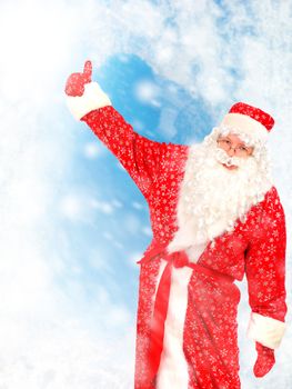 Happy Santa Claus with Hand Up on the Abstract Winter Background
