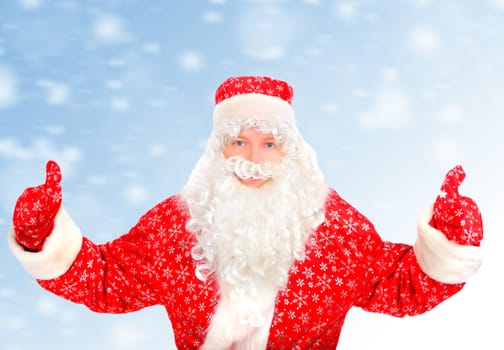 Cheerful Santa Claus with Hands Up on the Abstract Winter Background