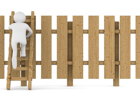 man climbs on ladder through fence. Isolated 3D image