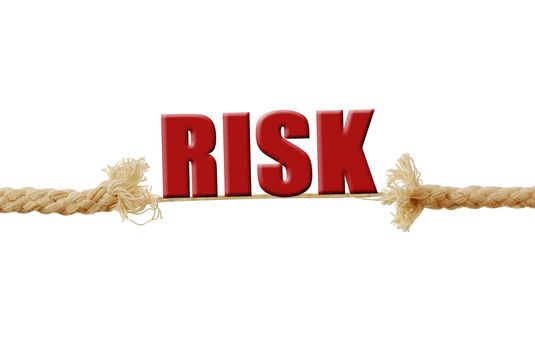 The word risk resting on a breaking rope 