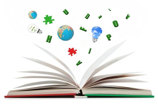 Letters, jigsaw puzzles and light bulbs coming out of the pages of an open book 