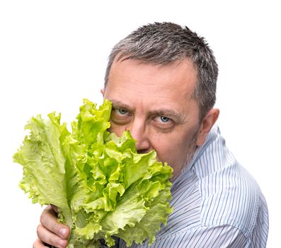 Healthy food. Man eating salad. Isolated on white