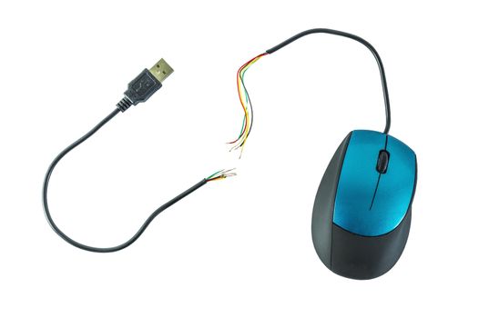 Blue mouse with broken cable isolate on white