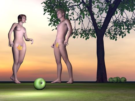 Adam and Eve standing next to an apple and appletree by sunset