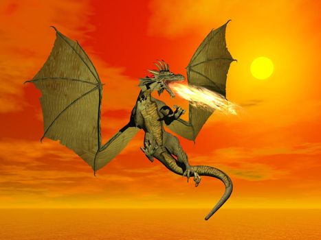 Fire-breathing dragon flying wings wide open at sunset