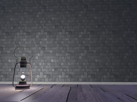 One lantern on old wooden parquet giving light to the room with grey stone brick wall