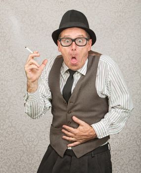 Single man holding cigarette with upset stomach