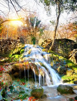 Autumn waterfall in the mountains of Crimea