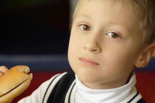 Portrait of boy eating hamburger with appetite