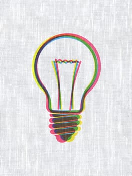 Business concept: CMYK Light Bulb on linen fabric texture background, 3d render