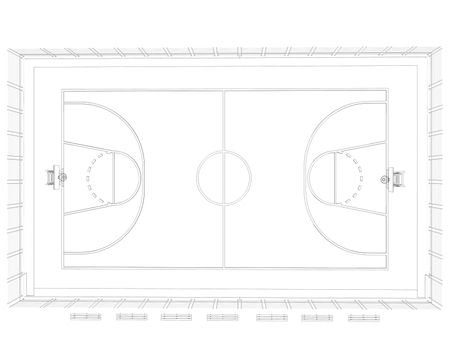 Basketball court. Wire frame. 3d render isolated on a black background