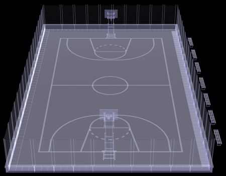 Basketball court. X-ray. 3d render isolated on a black background