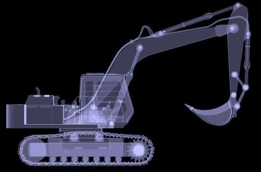 Excavator. X-ray. 3d render isolated on a black background