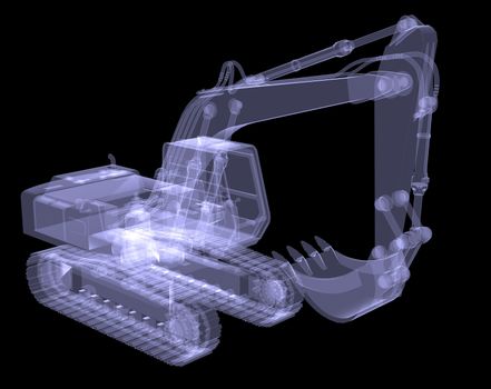 Excavator. X-ray. 3d render isolated on a black background