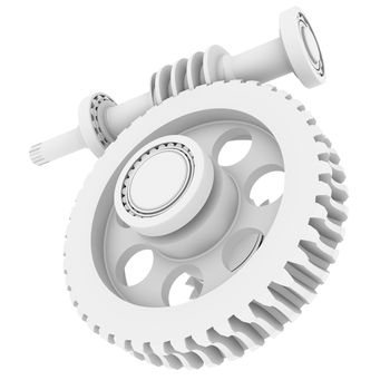 White shafts, gears and bearings. 3d render isolated on white background