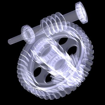 White shafts, gears and bearings. X-ray render isolated on black background