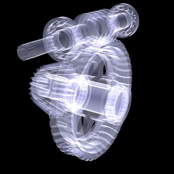 White shafts, gears and bearings. X-ray render isolated on black background