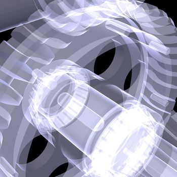 White shafts, gears and bearings. X-ray render on black background