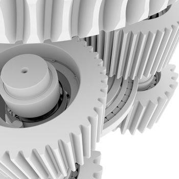 White shafts, gears and bearings. 3d render on white background