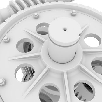 White shafts, gears and bearings. 3d render on white background