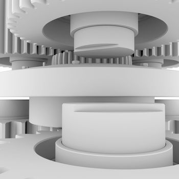 White shafts, gears and bearings. 3d render on white background