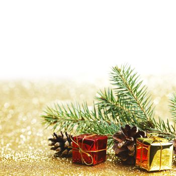 New year card with fir branch and gifts