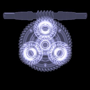 White shafts, gears and bearings. X-ray render isolated on black background