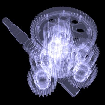 White shafts, gears and bearings. X-ray render isolated on black background