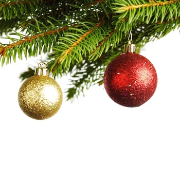Christmas decoration on fir branch  isolated on white background