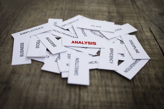 Paper strips with Analysis related words on wooden background