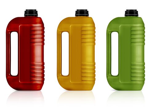 Red, yellow, green plastic gallon, jerry can isolated on a white background. (with clipping work path)