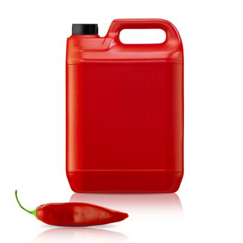 Hot chili pepper sauce in plastic gallon on a white background (with clipping work path)