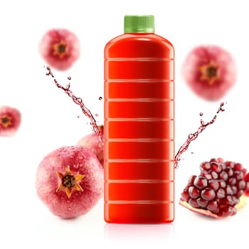 Pomegranate juice in a plastic container jug on a white background.