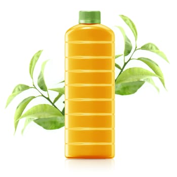 Orange juice in a plastic container jug with fresh orange and leaves on a white background.