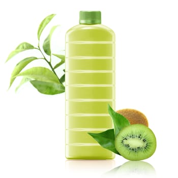 kiwi juice in a plastic container jug with fresh kiwi and leaves on a white background.