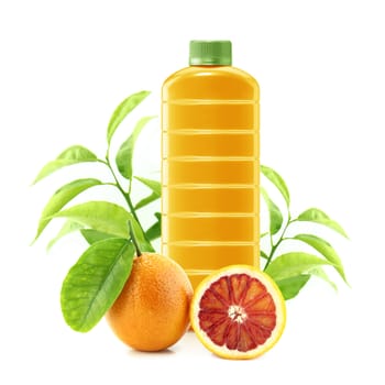 Red Orange juice in a plastic container jug with fresh orange and leaves on a white background.