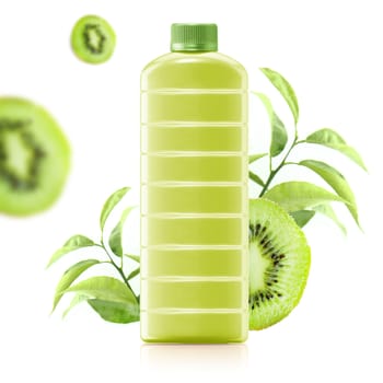 kiwi juice in a plastic container jug with fresh kiwi and leaves on a white background.