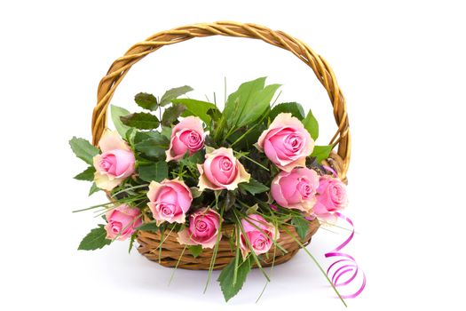 pink roses in a basket