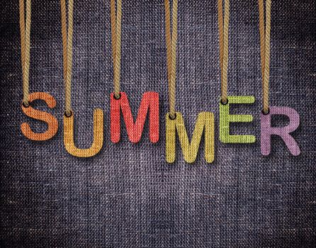 Summer letters hanging strings with blue sackcloth background.